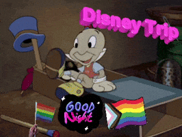 A Disney Trip Advertisement With A Cartoon Character And Rainbow Flags GIF