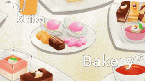 A Display Of Desserts With The Words Shiba Bakery In White Letters GIF