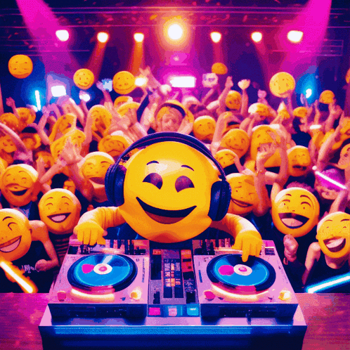 A Dj With A Smiley Face On His Head Is Surrounded By Smiley Faces GIF