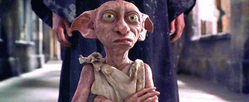 A Dobby From Harry Potter Standing Next To A Person GIF