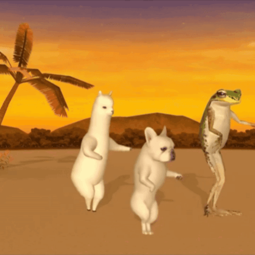 A Dog A Llama And A Frog Dancing In The Desert GIF