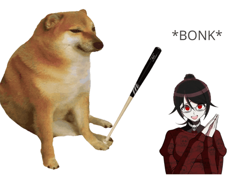 A Dog Holding A Baseball Bat Next To A Girl With Red Eyes And The Words * Bonk * GIF