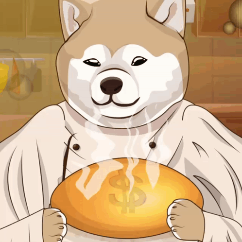 A Dog In A Chef 'S Coat Holds A Loaf Of Bread With A Dollar Sign On It GIF