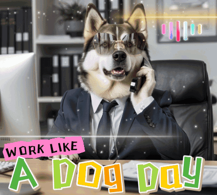 A Dog In A Suit And Tie Talking On A Cell Phone With The Words Work Like A Dog Day Below It GIF