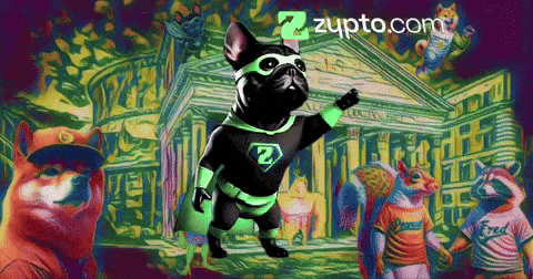 A Dog In A Superhero Costume Stands In Front Of A Building With The Website Zupto.com GIF