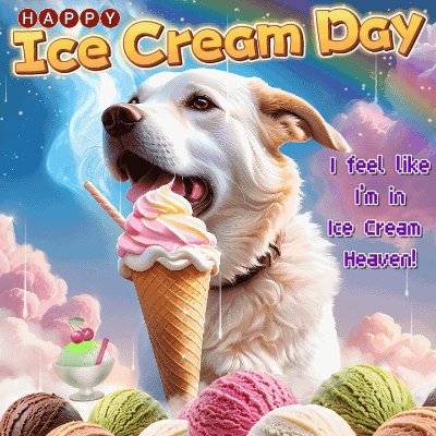 A Dog Is Eating An Ice Cream Cone With The Words Happy Ice Cream Day GIF