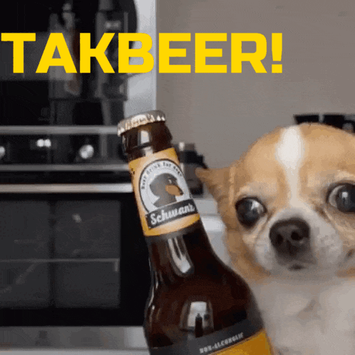 A Dog Is Holding A Bottle Of Schwan Beer GIF