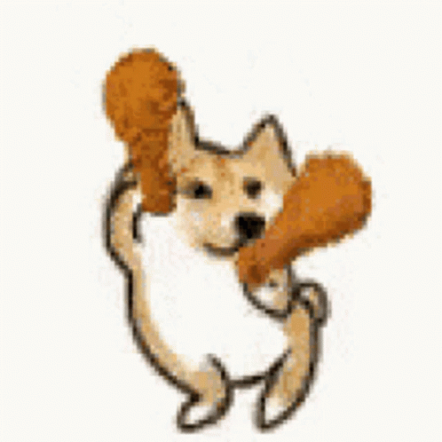 A Dog Is Holding A Fried Chicken Leg In Its Paws . GIF