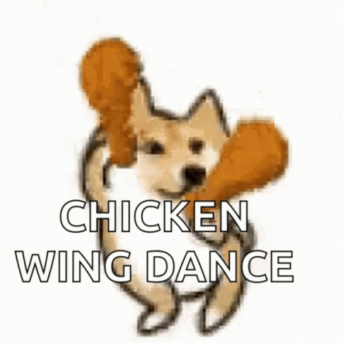 A Dog Is Holding A Fried Chicken Wing And The Words Chicken Wing Dance Are Below It GIF