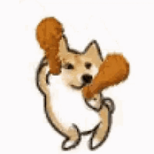 A Dog Is Holding A Piece Of Chicken In Its Mouth . GIF