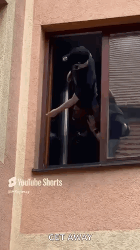a dog is jumping out of a window with a person standing outside .