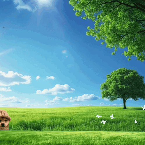 A Dog Is Laying In A Grassy Field With A Tree In The Background GIF