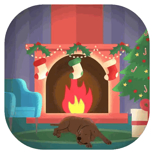 a dog is laying in front of a fireplace with christmas stockings on it
