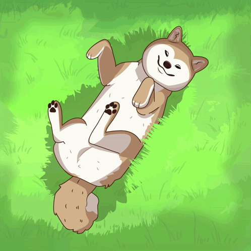 A Dog Is Laying On Its Back In The Grass And Smiling GIF
