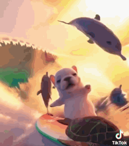 A Dog Is Riding A Surfboard Next To A Turtle And Dolphins In A Tiktok Video GIF