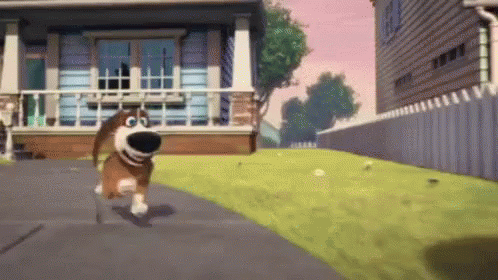 A Dog Is Running Down A Street In Front Of A House . GIF