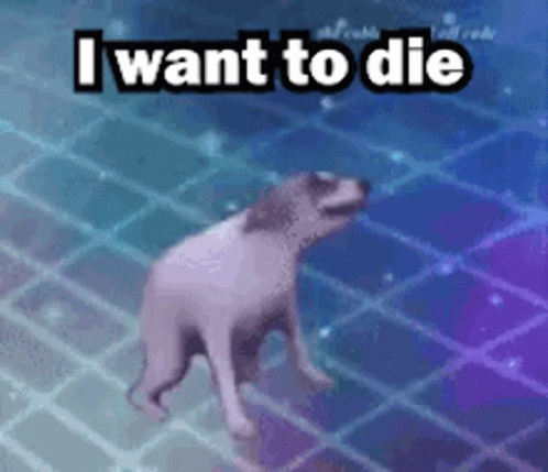 A Dog Is Walking On A Tiled Floor With The Words `` I Want To Die '' Written Above It . GIF