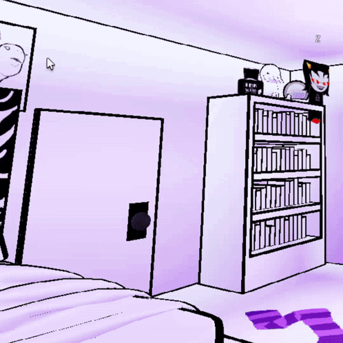 A Dog 'S Head Is Visible In Front Of A Purple Wall And A Bookshelf GIF