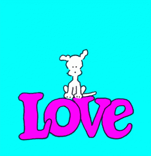 A Dog Sits On Top Of The Word Love On A Yellow Background GIF