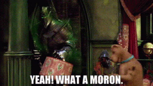 A Dog Standing Next To A Knight With The Words Yeah What A Moron GIF