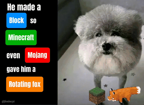 A Dog Standing Next To A Minecraft Block And A Rotating Fox GIF