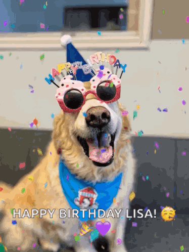 A Dog Wearing A Birthday Hat And Sunglasses Is Surrounded By Confetti And Says Happy Birthday Lisa GIF