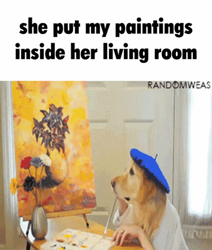 A Dog Wearing A Blue Beret Is Sitting At A Table Painting GIF