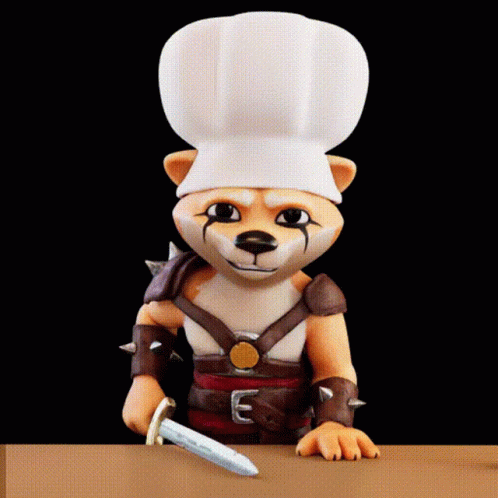 a dog wearing a chef hat and holding a sword