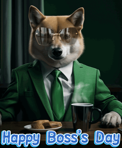 A Dog Wearing A Green Suit And Tie Is Sitting At A Table With A Cup Of Coffee And A Plate Of Cookies GIF