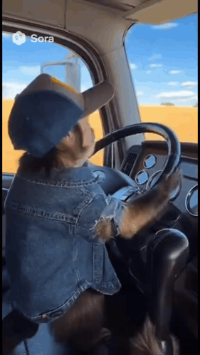 A Dog Wearing A Hat And Denim Jacket Is Driving A Truck .. GIF