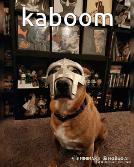 A Dog Wearing A Mask With The Word Kaboom Written On It GIF