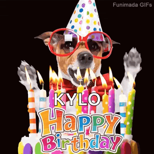 A Dog Wearing A Party Hat And Sunglasses Is Standing In Front Of A Birthday Cake . GIF