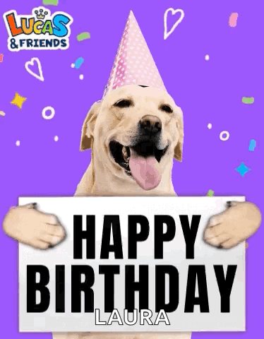A Dog Wearing A Party Hat Is Holding A Sign That Says Happy Birthday GIF