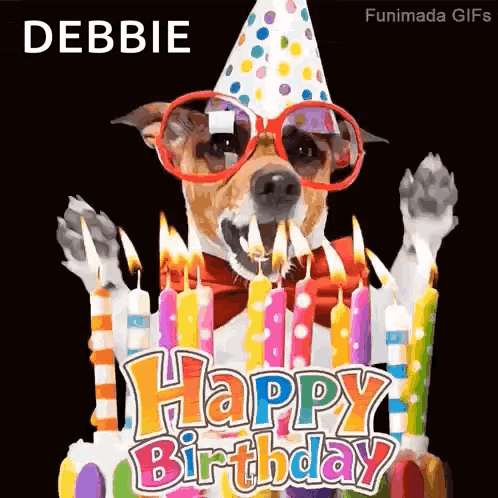 a dog wearing a party hat , sunglasses , and a bow tie is celebrating his birthday .