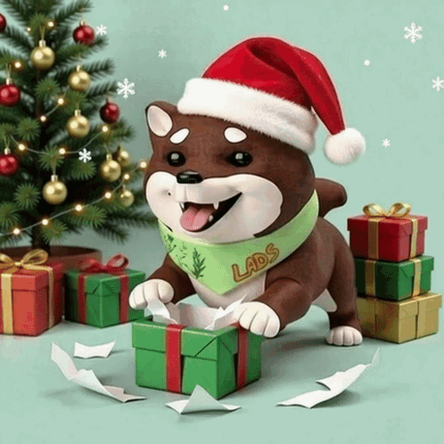 A Dog Wearing A Santa Hat And A Bandana With Lads On It GIF