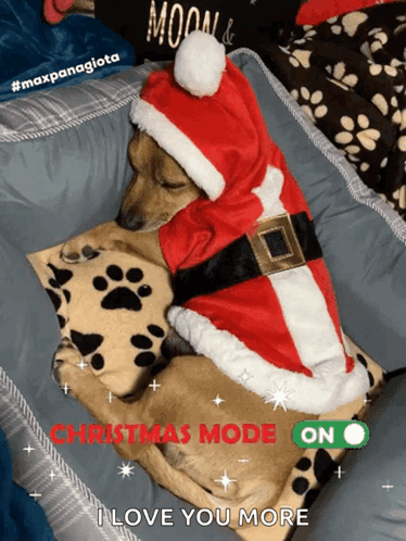A Dog Wearing A Santa Hat Is Sleeping On A Pillow With The Words Christmas Mode On Above It GIF