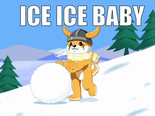 A Dog Wearing A Scarf And A Helmet Is Holding A Snowball With The Words Ice Ice Baby Above It GIF