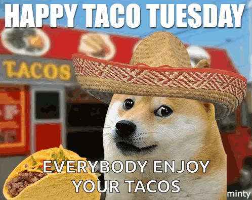 a dog wearing a sombrero is holding a taco in front of a taco truck