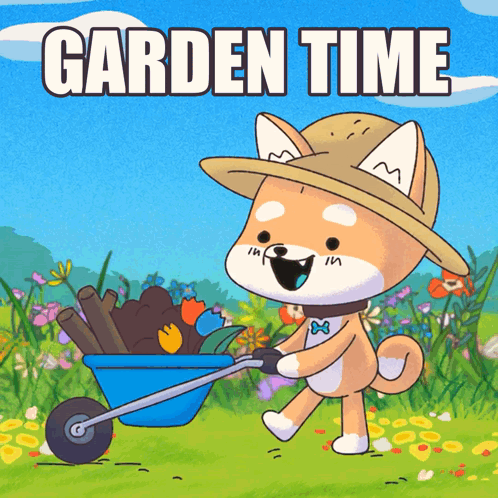 A Dog Wearing A Straw Hat Is Pushing A Wheelbarrow Full Of Flowers With The Words Garden Time Behind Him GIF