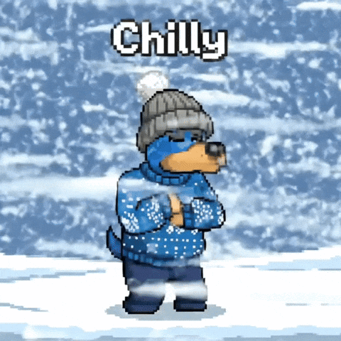 A Dog Wearing A Sweater And Hat Is Standing In The Snow With The Word Chilly Behind Him GIF