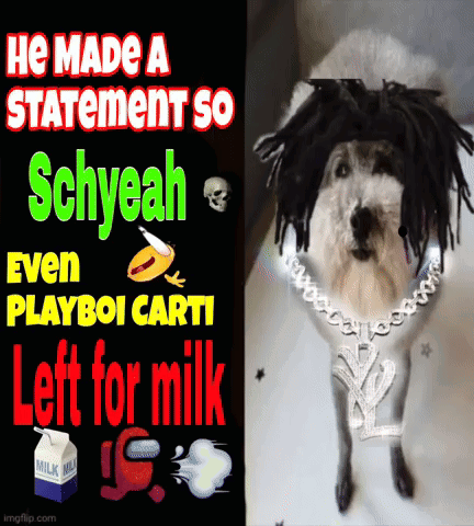 A Dog Wearing A Wig And A Necklace Is Next To A Sign That Says He Made A Statement So Schyeah GIF