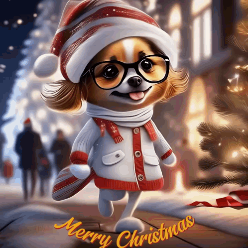 A Dog Wearing Glasses And A Santa Hat Is Standing In Front Of A Merry Christmas Tree GIF