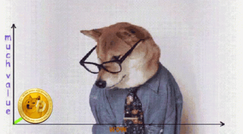 A Dog Wearing Glasses And A Tie With A Doge Coin In Front Of It GIF
