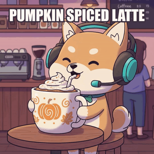 a dog wearing headphones drinking a pumpkin spiced latte