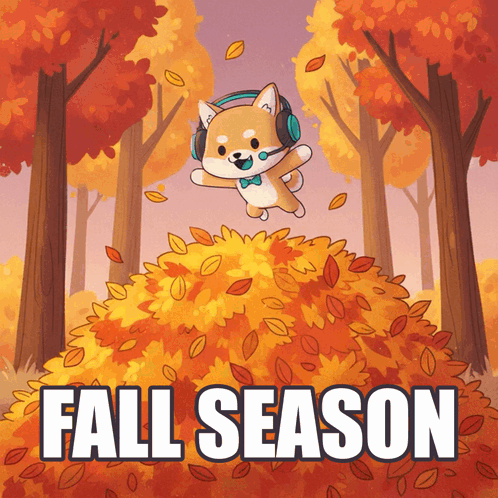 A Dog Wearing Headphones Is Jumping Over A Pile Of Leaves With The Words Fall Season Written Below It GIF