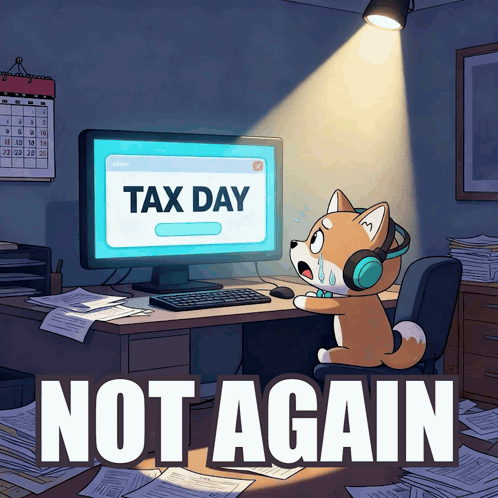 A Dog Wearing Headphones Is Looking At A Computer Screen That Says Tax Day On It GIF