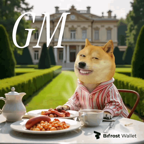 A Dog Wearing Pajamas Is Sitting At A Table With Plates Of Food And A Cup Of Coffee With Gm Written On The Top GIF
