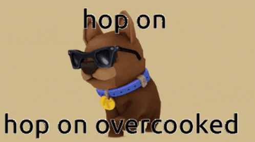 A Dog Wearing Sunglasses And A Collar With The Words Hop On Over Cooked Below It GIF