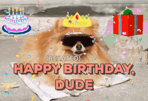 A Dog Wearing Sunglasses And A Crown Says Happy Birthday Dude On The Bottom GIF