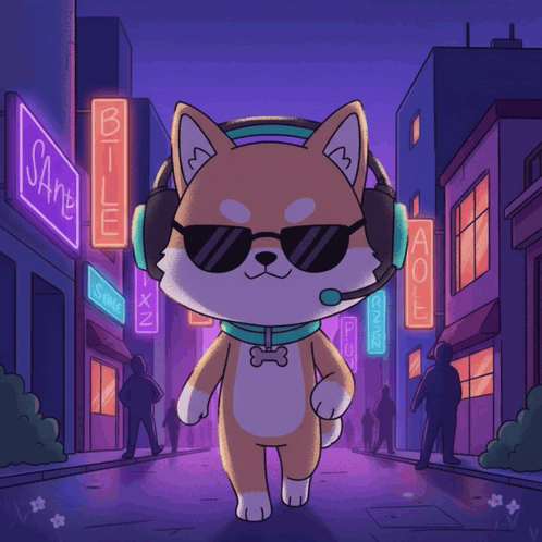 A Dog Wearing Sunglasses And Headphones Is Walking Down A Street With A Sign That Says Aoe On It GIF